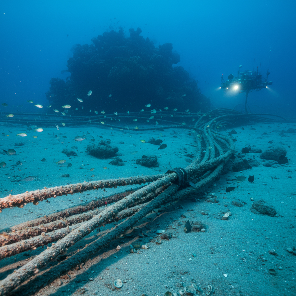 Submarine cables on ocean floor