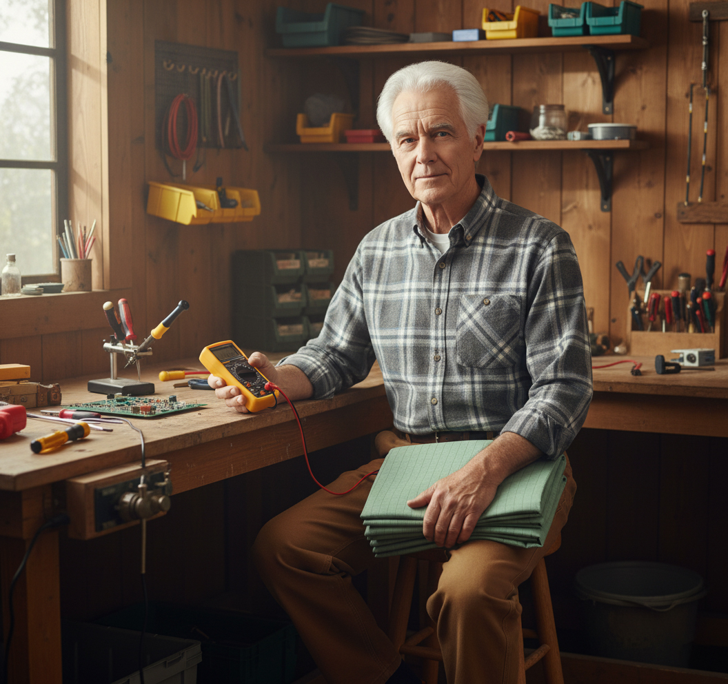 Tom Davidson holding grounding sheet and multimeter